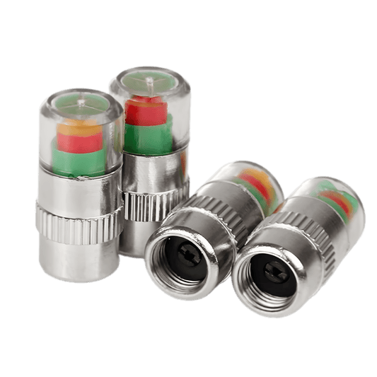 Close-up image of four ChroMorpher Tire Pressure Monitoring Valve Caps, featuring a transparent top with a color-coded pressure indicator (green, yellow, and red) and a durable metal body. The caps are designed to instantly display tire pressure levels, ensuring optimal performance and safety for cars and motorcycles.