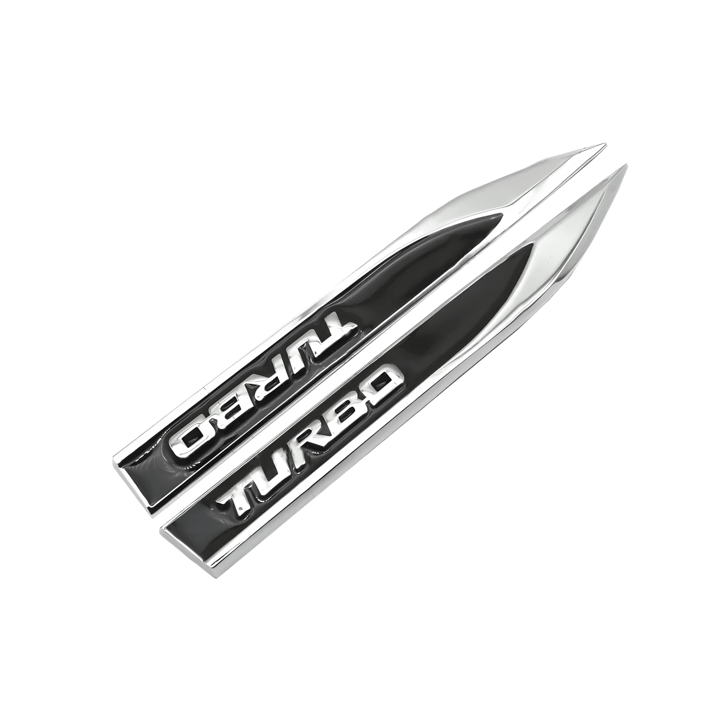 ChroMorpher Turbo Chrome Fender Emblems with sleek, reflective chrome finish, featuring bold "TURBO" text for a sporty, high-performance look on a car's exterior.