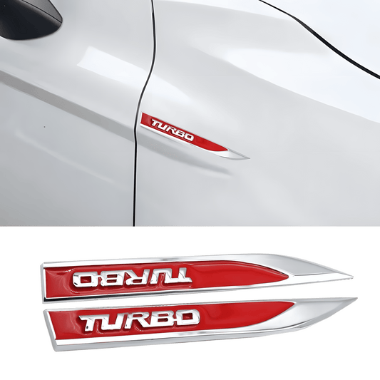 ChroMorpher Turbo Red and Chrome Fender Emblems displayed on a white car, showcasing sleek red turbo badges with a shiny chrome finish for a sporty, modern look.