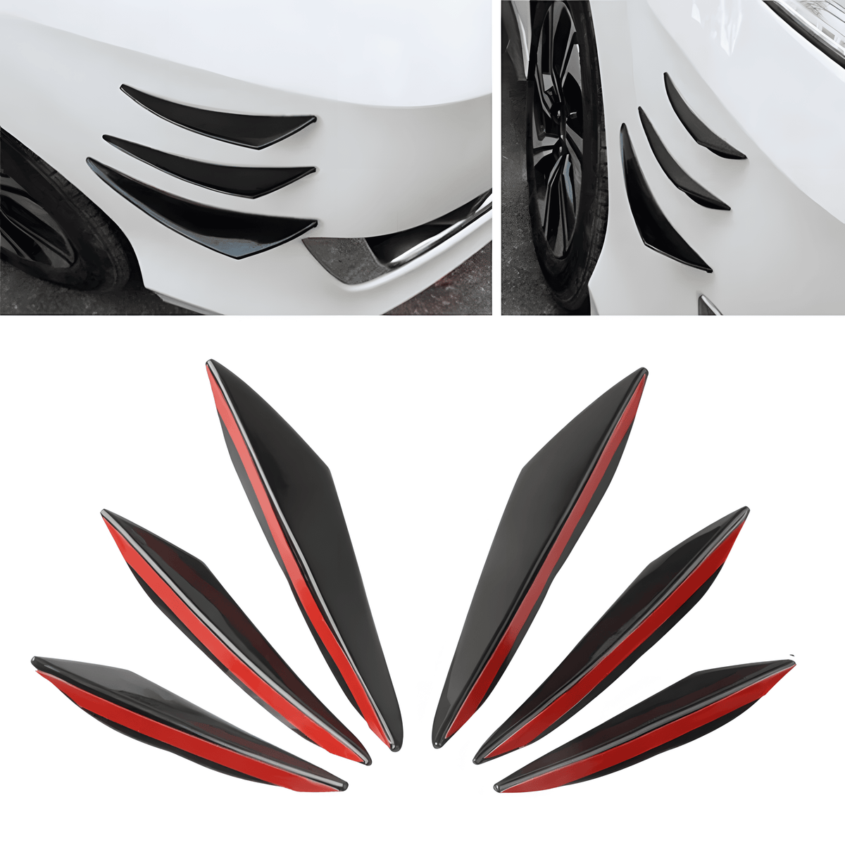 A 6-piece universal rear bumper spoiler diffuser kit in sleek black with red adhesive backing, designed to enhance a car’s aerodynamics and appearance. The image showcases the diffusers installed on a white vehicle's rear bumper, adding an aggressive, sporty look.
