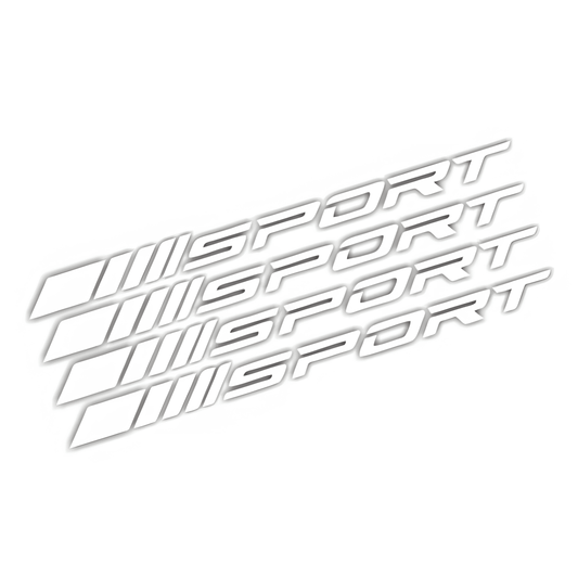 A set of silver "SPORT" decals designed for wheel rims, enhancing the sporty aesthetic of cars, motorcycles, and trucks. Made from durable vinyl, these reflective stickers provide a stylish and long-lasting upgrade.