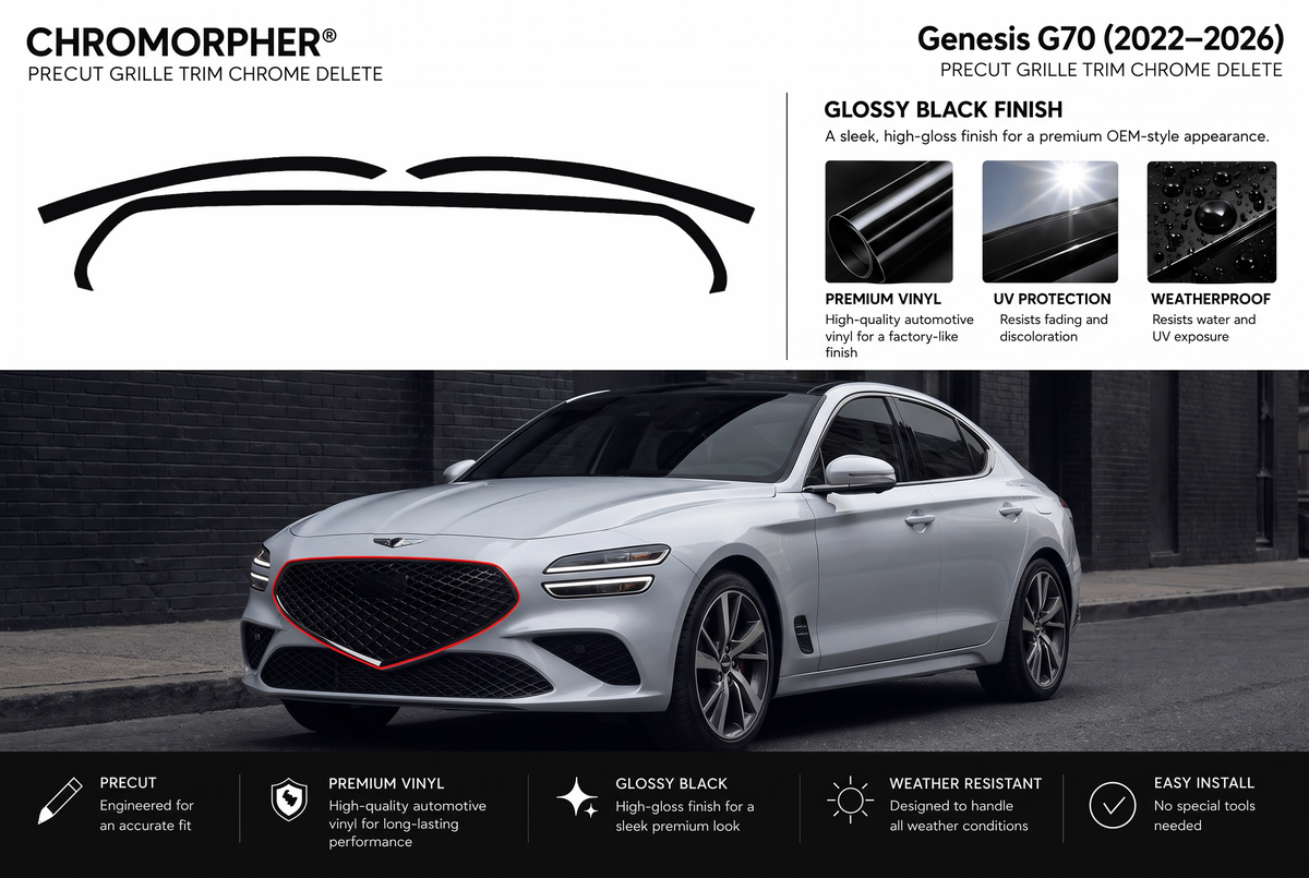 ChroMorpher Genesis G70 (2022–2026) precut grille trim chrome delete kit showing the three precut vinyl pieces and a G70 front three-quarter view with the grille surround outlined in red.