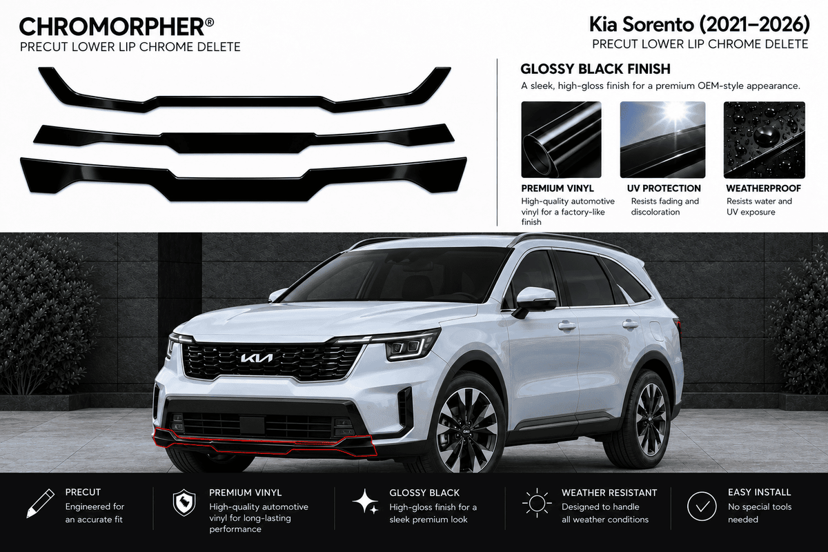 Chromorpher precut lower lip chrome delete kit for Kia Sorento (2021-2026) shown with four black lip spoiler pieces on the left and a white Kia Sorento SUV on a dark street background on the right.