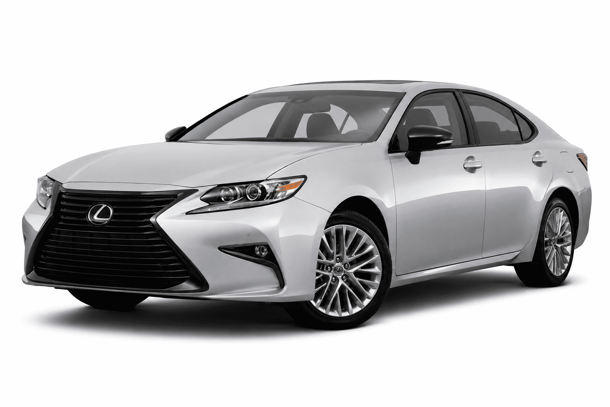 A silver Lexus sedan photographed on a clean white studio background, shown at a three-quarter front angle. The Lexus logo is visible on the front grille.
