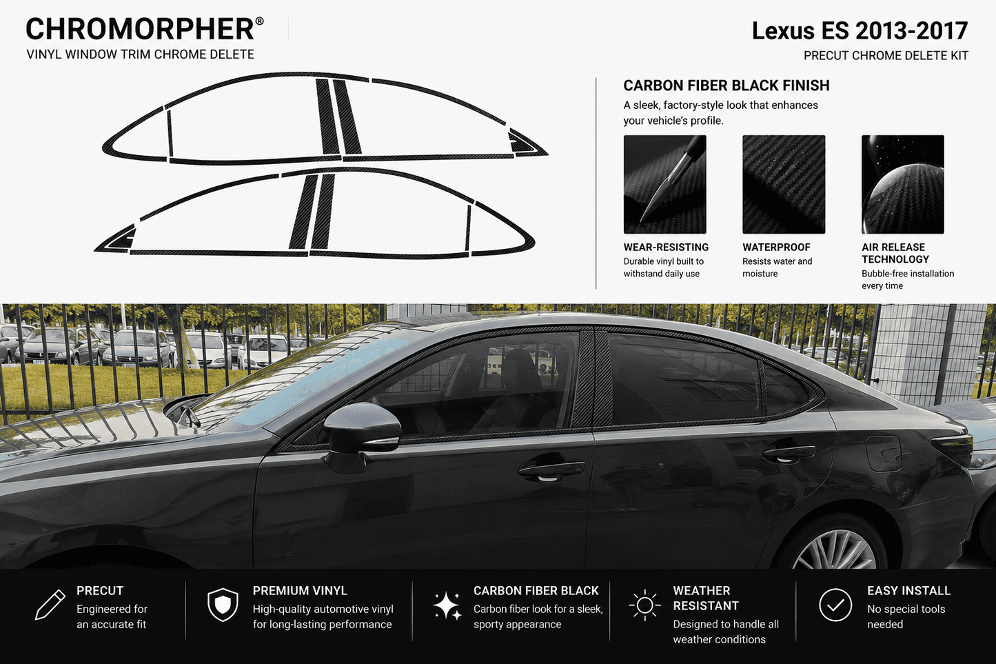 Chromorpher Lexus ES 2013-2017 vinyl window trim chrome delete kit in carbon fiber black finish, shown with front and side profile diagrams, feature callouts, and a car installation preview.