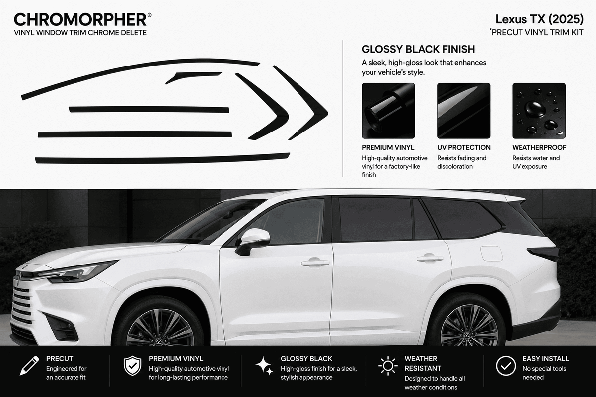 Promotional graphic for a Lexus TX (2025) chrome trim delete kit by Chromorpher, showing a white SUV with black chrome trim graphics and feature callouts for glossy black finish, premium vinyl, UV protection, and weatherproofing.