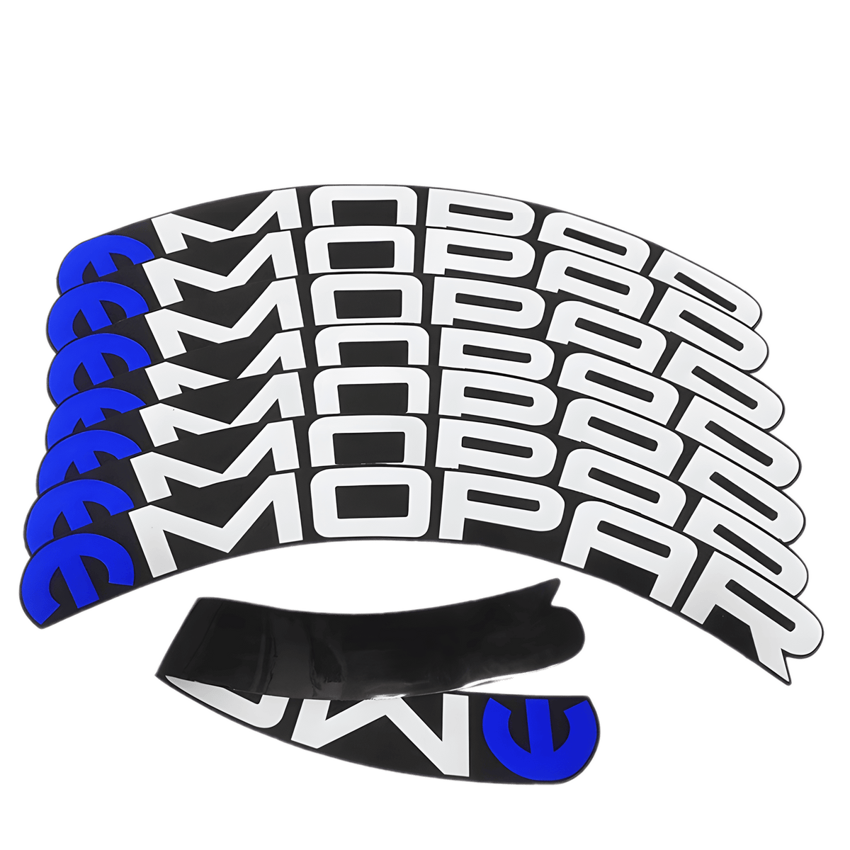 Set of MOPAR 3D tire lettering stickers with a white logo and blue emblem, displayed on a transparent background, ideal for enhancing vehicle tires with a bold and sporty look.