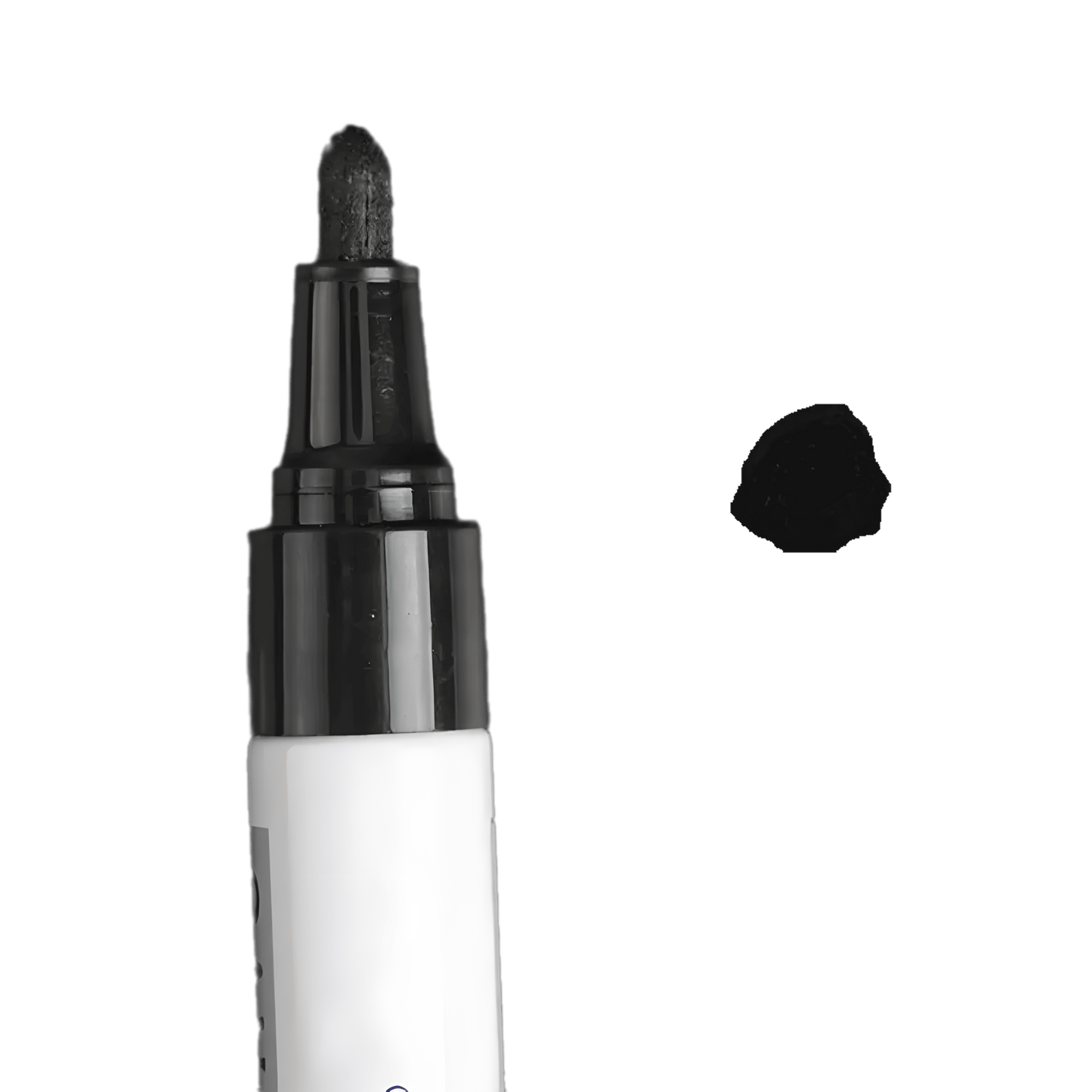 A close-up image of a black permanent tire paint marker with a thick tip, ideal for customizing tire lettering. A swatch of black paint is displayed beside the marker to showcase the actual color output.