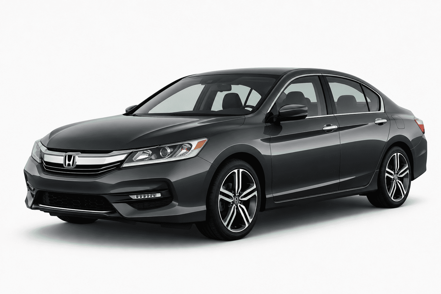 A dark gray Honda sedan photographed at a three-quarter front angle on a clean white studio background.