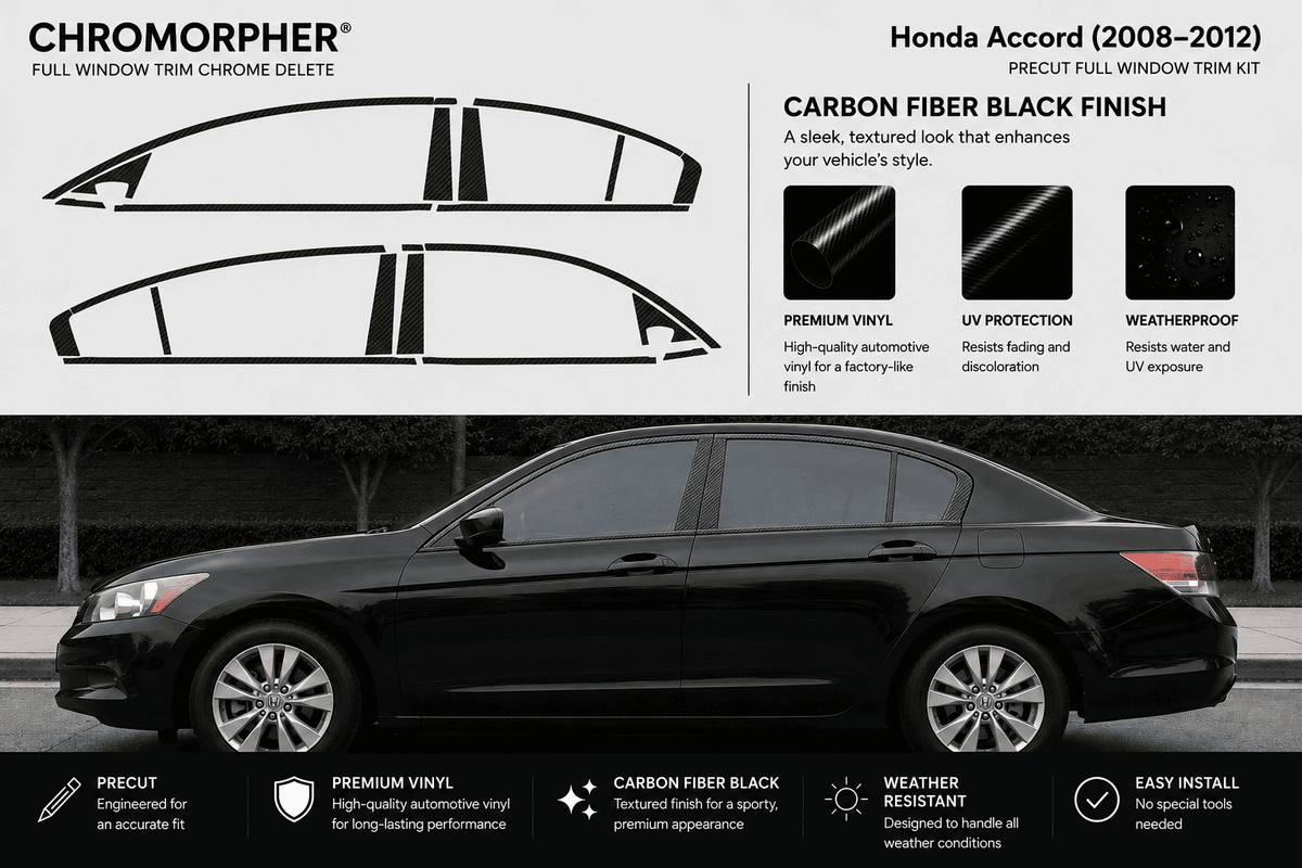Chromorpher full window trim chrome delete kit for a Honda Accord (2008-2012) in a carbon fiber black finish. The image features a black sedan on a dark background with graphic cutout templates of the vinyl decal pieces on the top left, product feature callouts, and installation/feature icons at the bottom.
