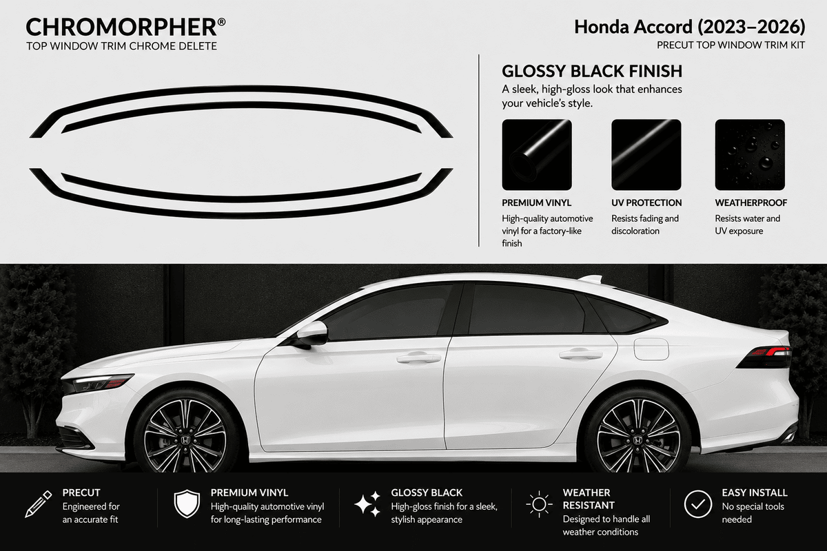 Honda accord 2023-2026 glossy black precut chrome delete product layout with information.