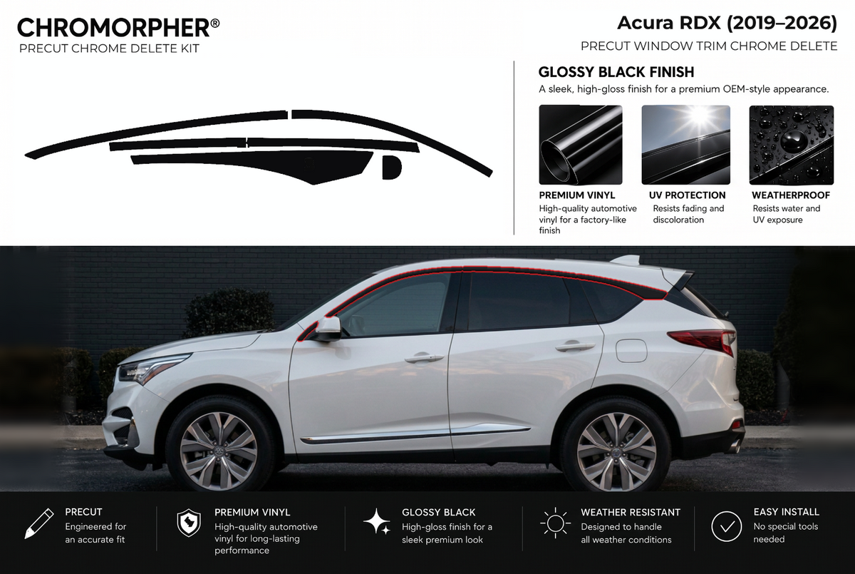 ChroMorpher Acura RDX window trim precut chrome delete kit (2019–2026) showing the precut vinyl pieces and the trim area outlined in red.