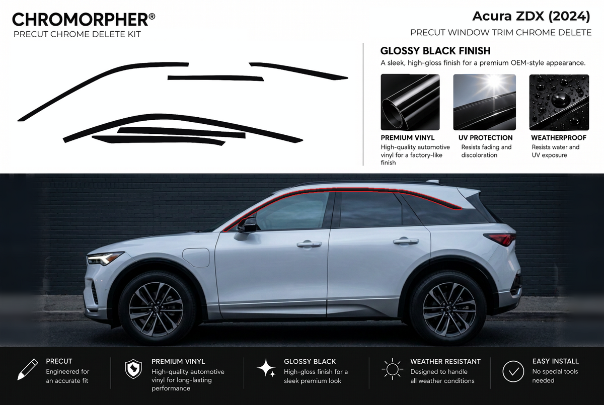 ChroMorpher Acura ZDX window trim precut chrome delete kit (2024) showing the precut vinyl pieces and the trim area outlined in red.