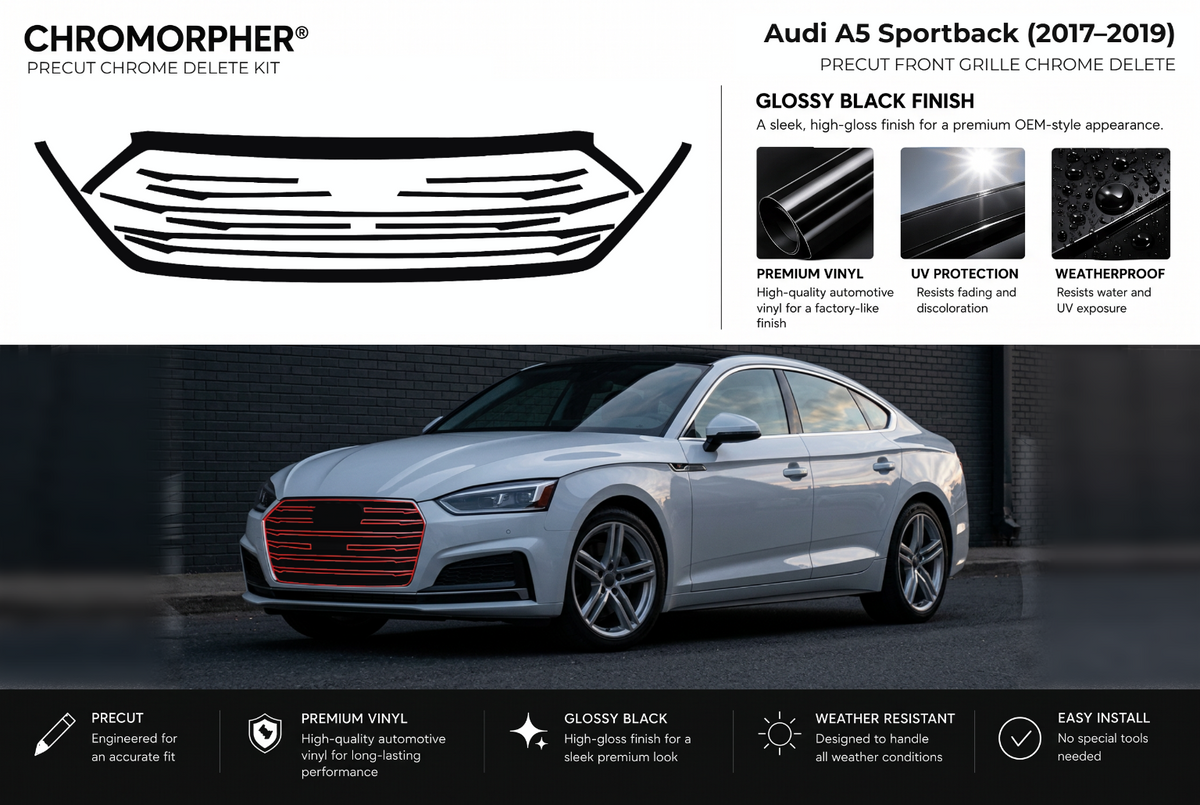 ChroMorpher Audi A5 Sportback front precut chrome delete kit (2017–2019) showing the precut vinyl pieces and the trim area outlined in red.