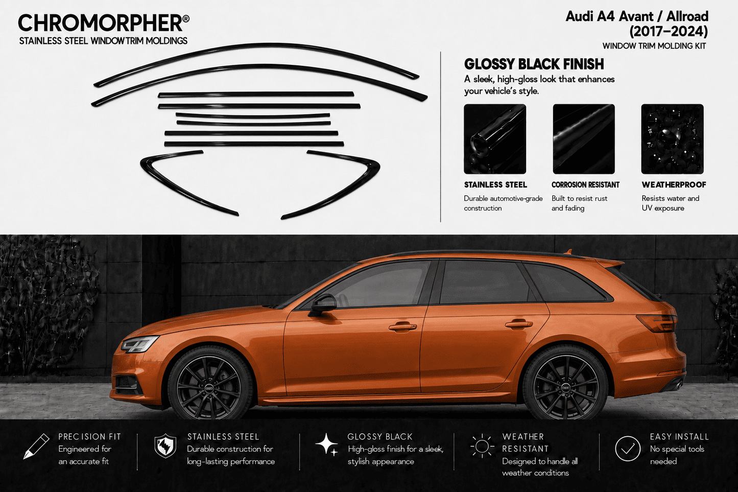 A promotional graphic for Chromorpher Audi A4 Avant and Allroad window trim holding kit. The top half shows the black window trim profile and gloss black finish details, while the bottom half features an orange SUV with black wheel wells demonstrating the installed product.