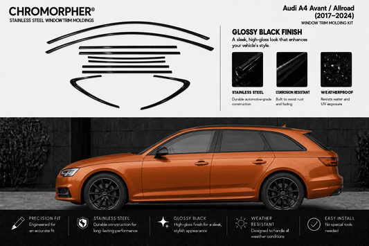 A promotional graphic for Chromorpher Audi A4 Avant and Allroad window trim holding kit. The top half shows the black window trim profile and gloss black finish details, while the bottom half features an orange SUV with black wheel wells demonstrating the installed product.
