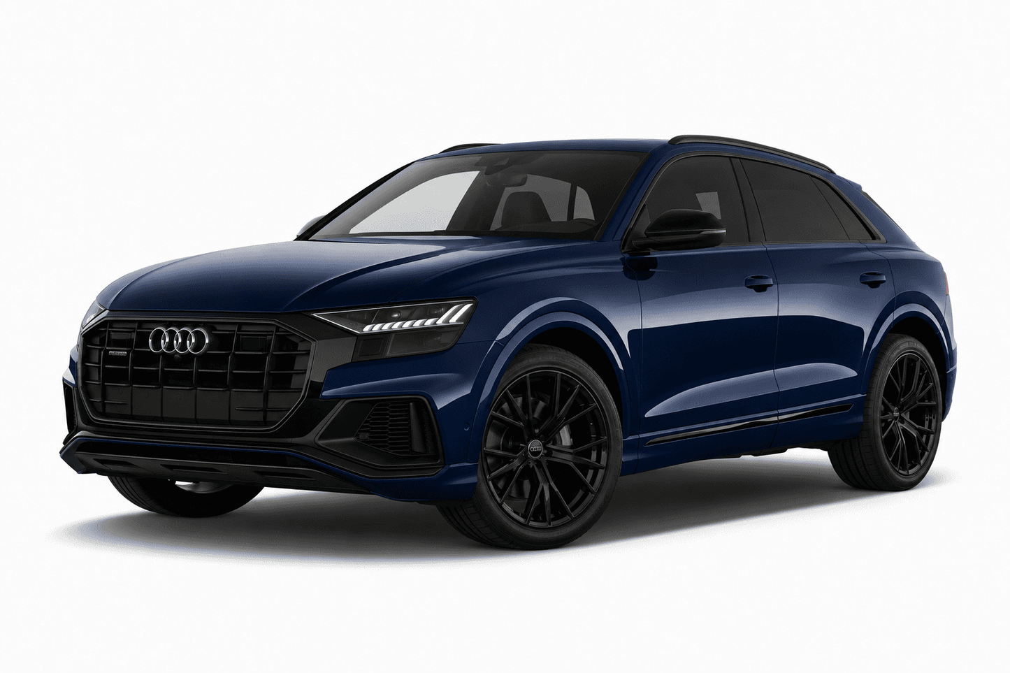 Audi Q8 SUV in a deep metallic blue color with a black grille, black side mirrors, and black multi-spoke wheels, photographed from a three-quarter front angle on a clean white background.
