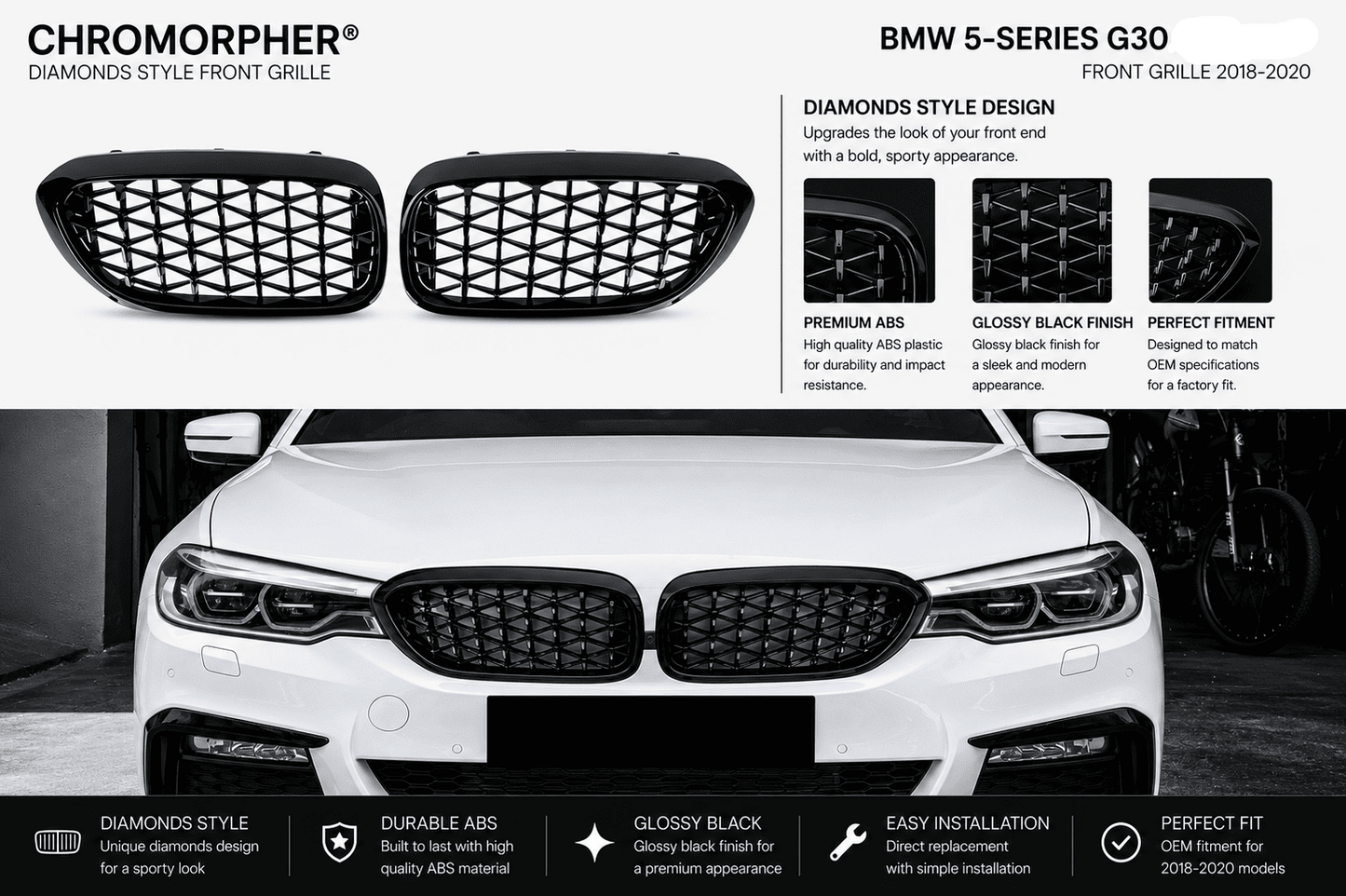 Chromorpher BMW 5-Series G30 front grille kit shown with two black mesh grilles above a white BMW front end on a dark promotional background with feature callouts.