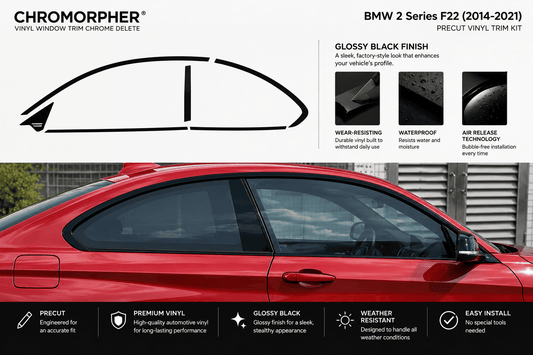 Promotional graphic for the Chromorpher BMW 2 Series F22 (2014-2021) Precut Vinyl Trim Kit. The top half features the Chromorpher logo, a black vinyl trim silhouette graphic, feature callouts for glossy black finish, wear resistance, waterproofing, and air release technology.