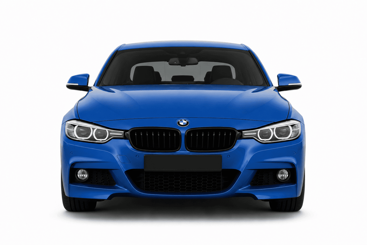 Front view of a blue BMW 4 Series sedan on a clean white background.