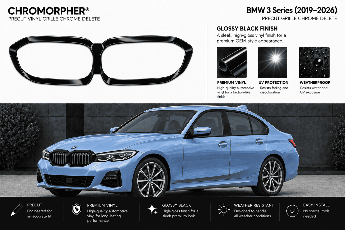 Chromapher BMW 3 Series precut vinyl grille chrome delete kit shown on a light blue sedan, with product details, gloss black finish benefits, and feature icons on a white and dark gray background.