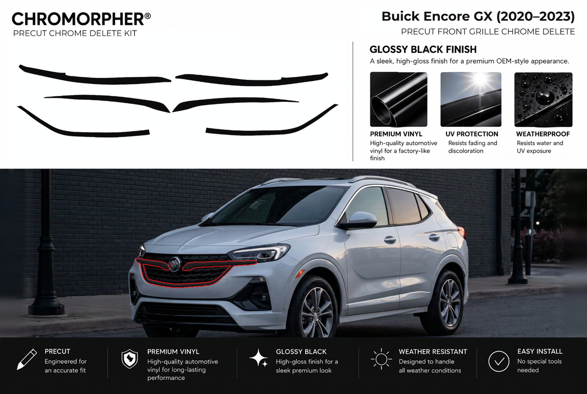 ChroMorpher Buick Encore GX front precut chrome delete kit (2020–2023) showing the precut vinyl pieces and the trim area outlined in red.
