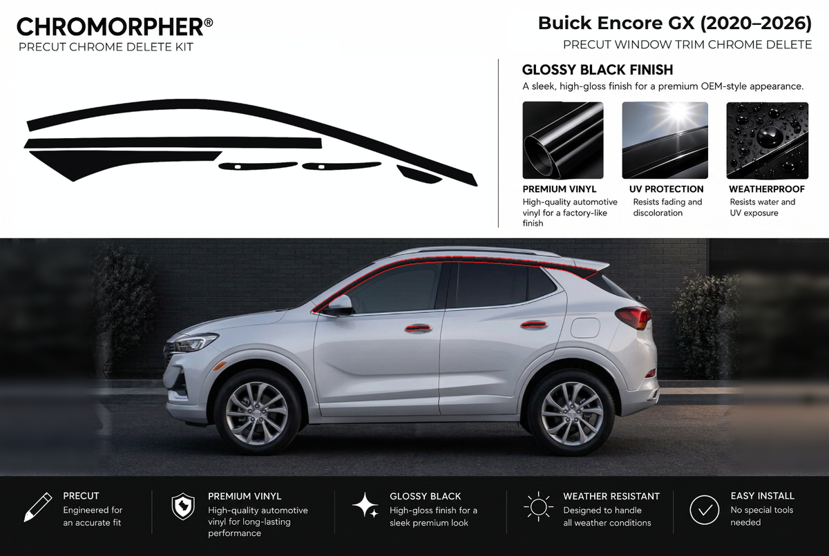 ChroMorpher Buick Encore GX window trim precut chrome delete kit (2020–2026) showing the precut vinyl pieces and the trim area outlined in red.