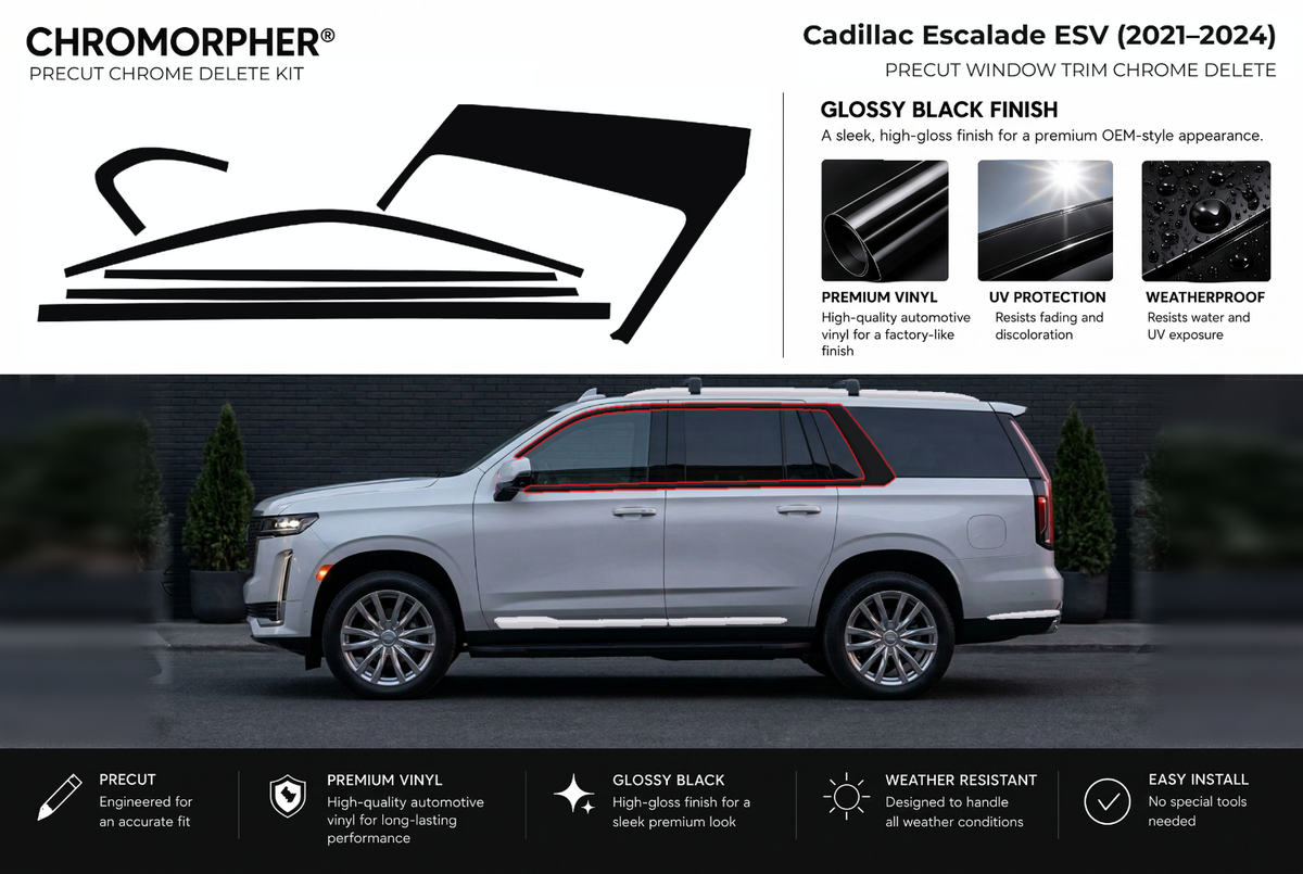 ChroMorpher Cadillac Escalade ESV window trim precut chrome delete kit (2021–2024) showing the precut vinyl pieces and the trim area outlined in red.