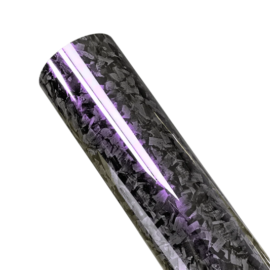 A single roll of Glossy Forged Carbon Fiber Vinyl Wrap showcasing a vivid purple reflective highlight. The high-gloss forged carbon texture delivers a premium aesthetic, making it ideal for car and accessory customizations with a modern and luxurious touch.