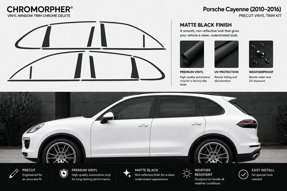 Chromorphor Porsche Cayenne vinyl window trim chrome delete decal kit, showing black decal outlines on a white Porsche Cayenne in a dark setting, with product features and specifications listed.