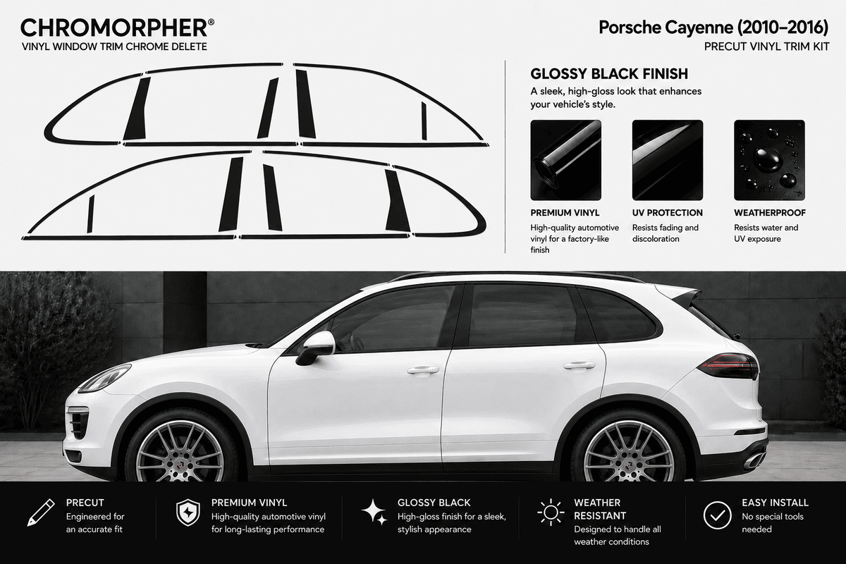 Porsche Cayenne 2010-2016 chromatic vinyl window trim chrome delete kit. The image features a white Porsche Cayenne SUV on a dark background, with black line drawings of the vinyl trim pieces at the top and feature callouts on a light gray background.