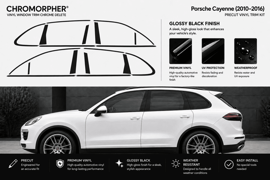 Porsche Cayenne 2010-2016 chromatic vinyl window trim chrome delete kit. The image features a white Porsche Cayenne SUV on a dark background, with black line drawings of the vinyl trim pieces at the top and feature callouts on a light gray background.