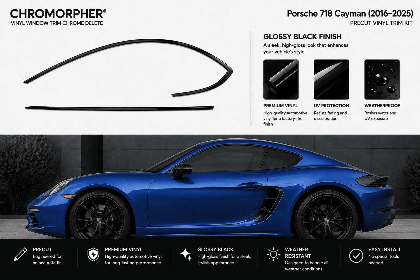 Chromorpher Porsche 718 Cayman glossy black vinyl trim kit, featuring a black pre-cut trim piece and a blue Porsche 718 Cayman car on a dark gray background with product feature callouts.