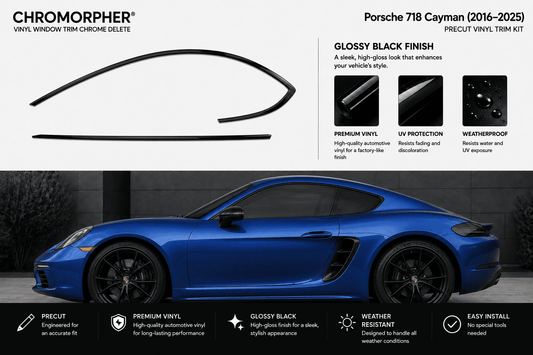 Chromorpher Porsche 718 Cayman glossy black vinyl trim kit, featuring a black pre-cut trim piece and a blue Porsche 718 Cayman car on a dark gray background with product feature callouts.