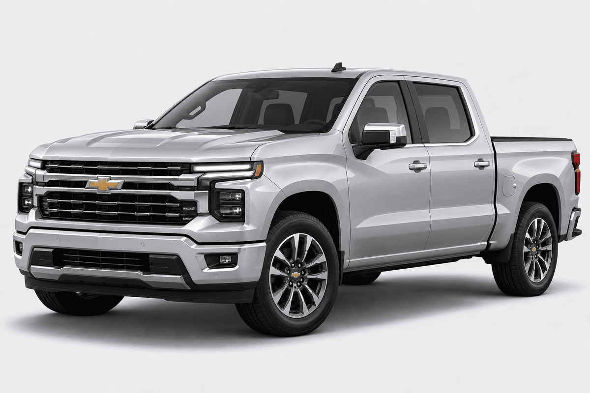 A silver Chevrolet pickup truck shown from a three-quarter front angle on a light gray studio background.