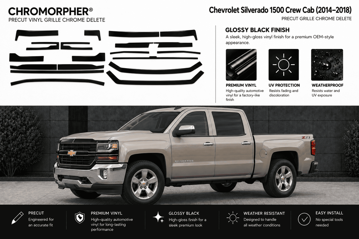 A promotional graphic for a chrome delete vinyl grille decal kit designed for a Chevrolet Silverado 1500 Crew Cab (2014-2018). The top half features black graphic templates of the chrome delete pattern on a white background with product text.