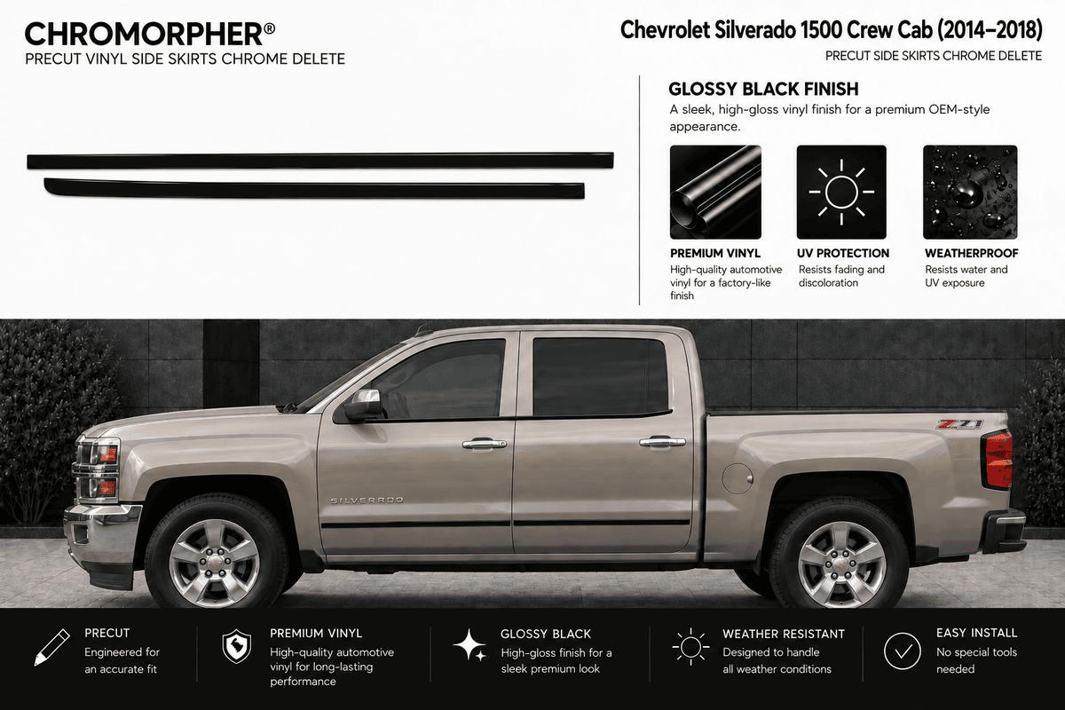 Chromorpher precut vinyl side skirts in glossy black finish for a Chevrolet Silverado 1500 Crew Cab (2014-2018), shown with a large vehicle graphic and feature callouts on a white background.