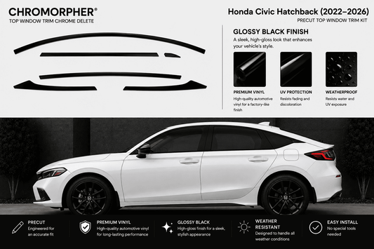 Chromorpher gloss black trim kit for a Honda Civic Hatchback (2022-2026), showing the black vinyl decal pieces at the top and a white car with installed black window and trim lines at the bottom.