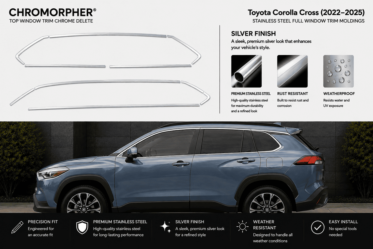 Chromorpher silver chrome trim delete kit for Toyota Corolla Cross (2022-2025). The top half shows the two chrome trim pieces on a white background with product features.