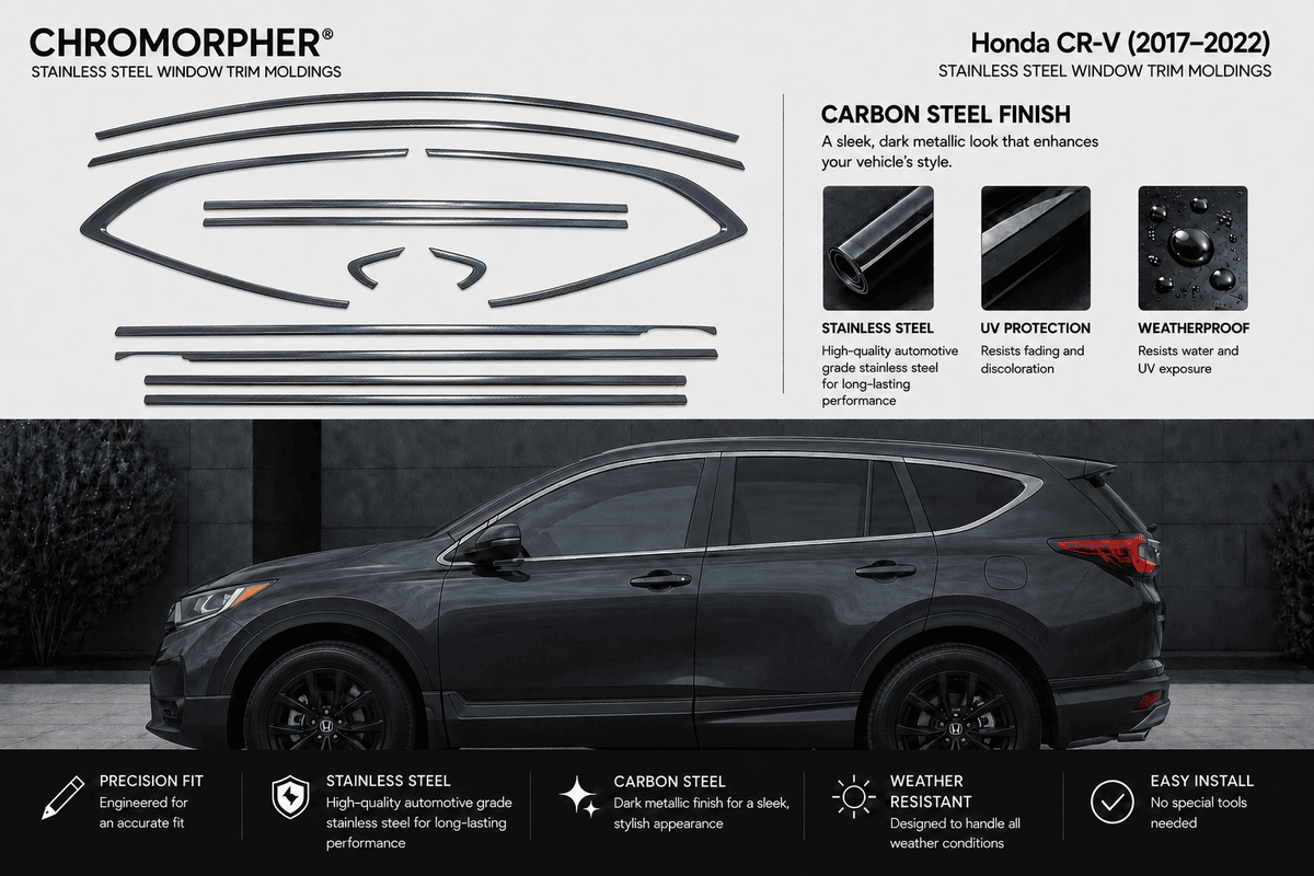 Chromorpher Honda CR-V stainless steel window trim molds set, featuring black metal clip outlines on a white background above a dark gray Honda CR-V SUV on a dark street at night.