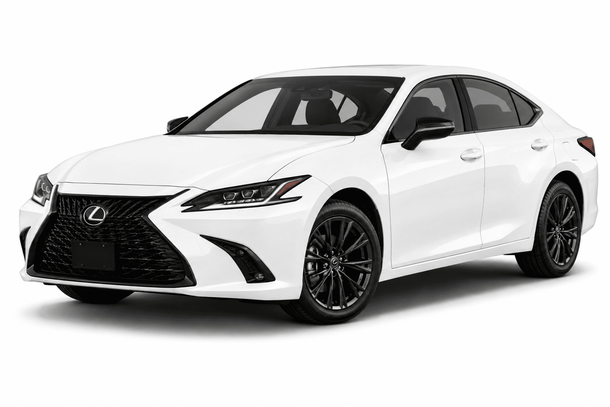 A white Lexus sedan with black wheels and black trim, photographed from a three-quarter front angle on a clean white background.