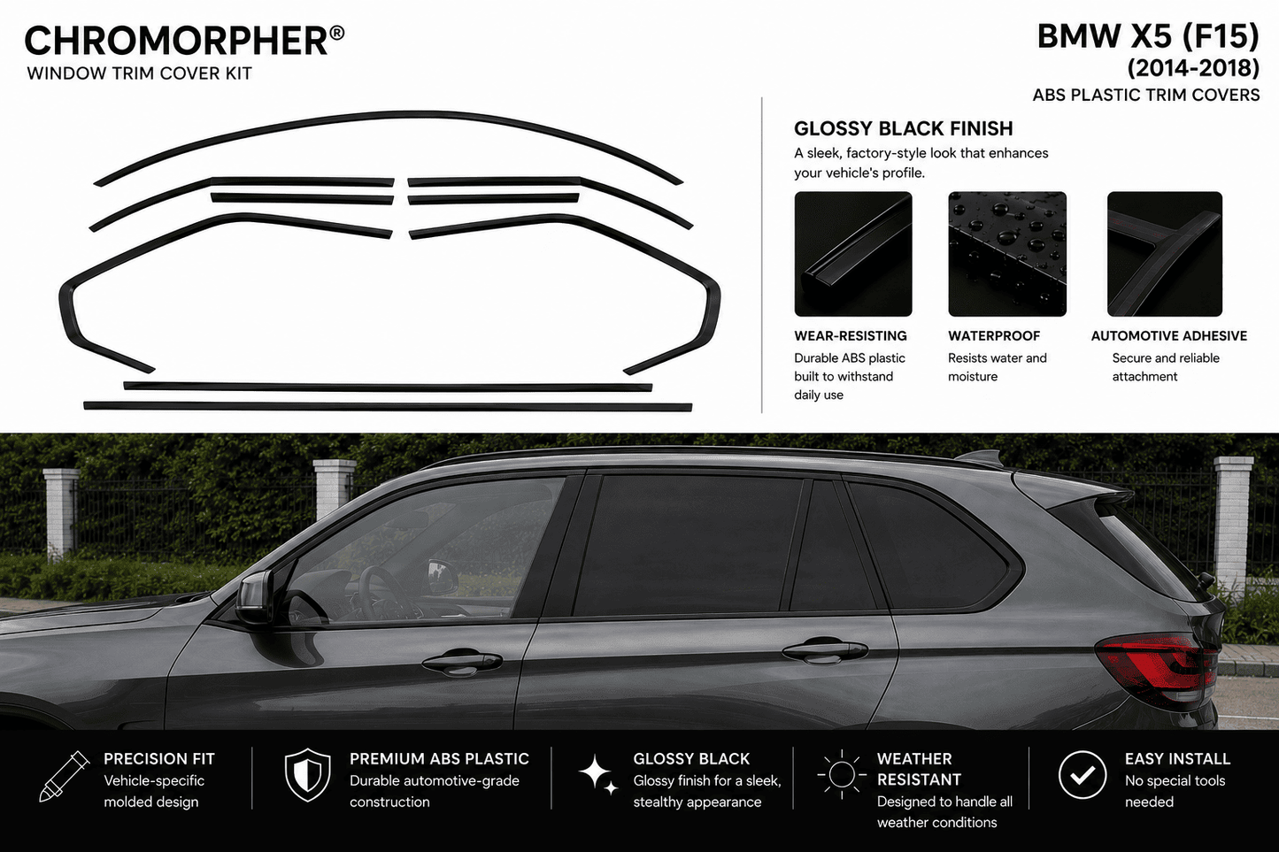 BMW X5 F15 (2014–2018) Complete Window Trim Chrome Delete Kit
