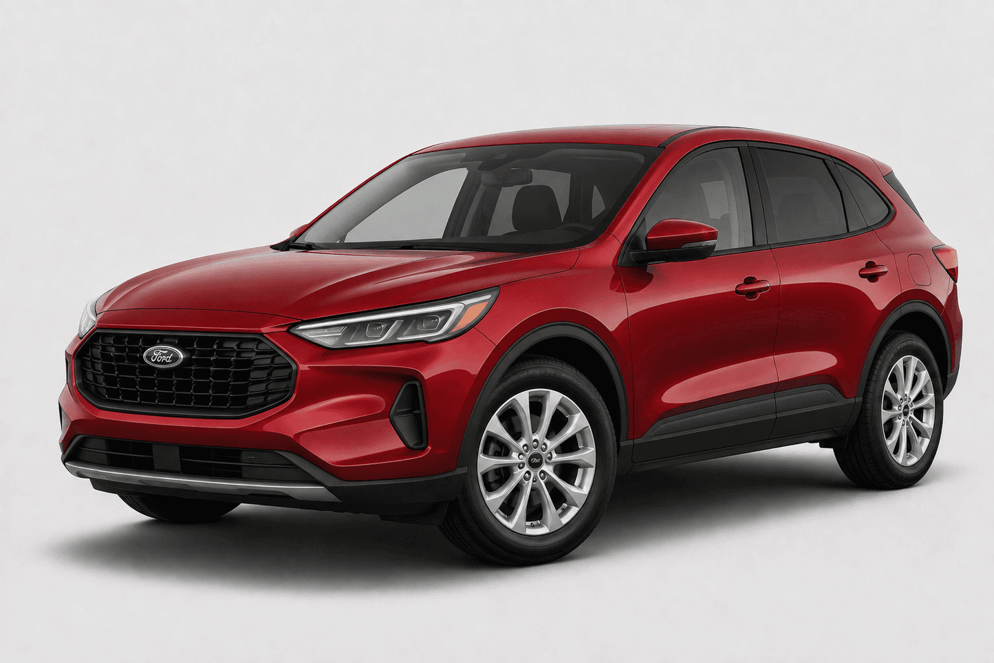 A red Ford compact SUV, specifically a Ford Escape, shown from a three-quarter front angle on a light gray studio background.