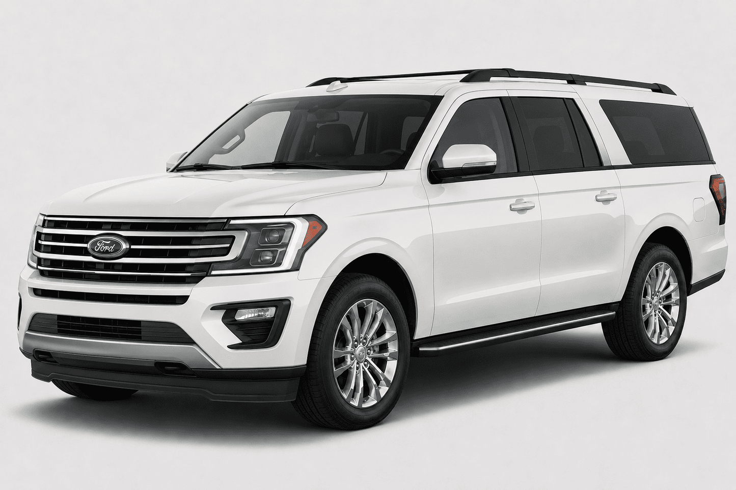 A white Ford Expedition Max SUV shown from a three-quarter front angle against a light gray studio background.