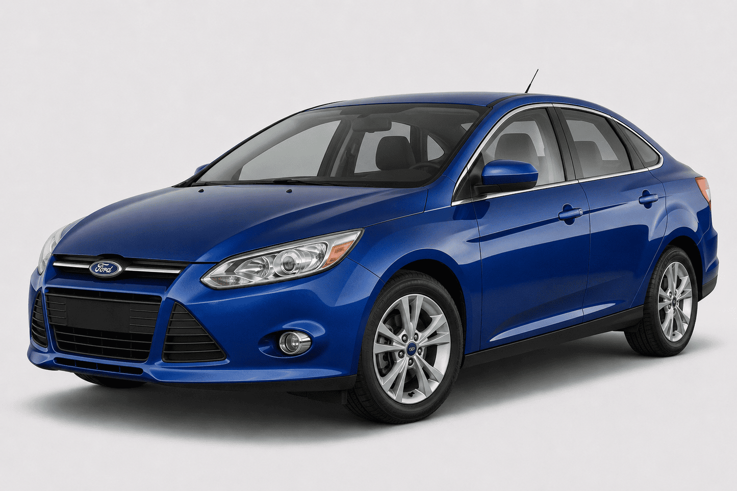 A blue Ford Focus sedan photographed at a three-quarter front angle on a light gray studio background.