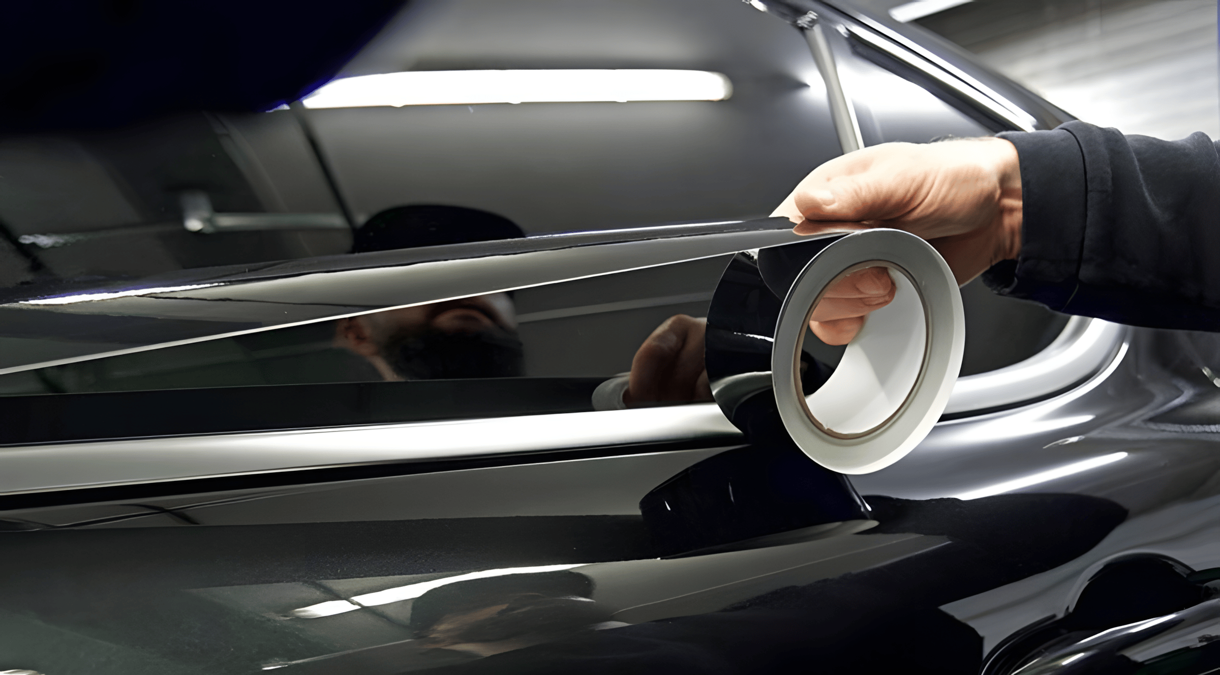 BMW M4 Detailing and Customization Two technicians working on a sleek black BMW M4 in a specialized garage, focusing on detailing and modification work.