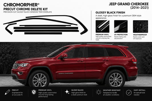 Chromorphor Precut Chrome Delete Kit for Jeep Grand Cherokee (2014-2021) glossy black window trim overlays. The kit includes a graphic representation of the black trim pieces on the top left and a red Jeep Grand Cherokee SUV on the bottom half to demonstrate the product's application.