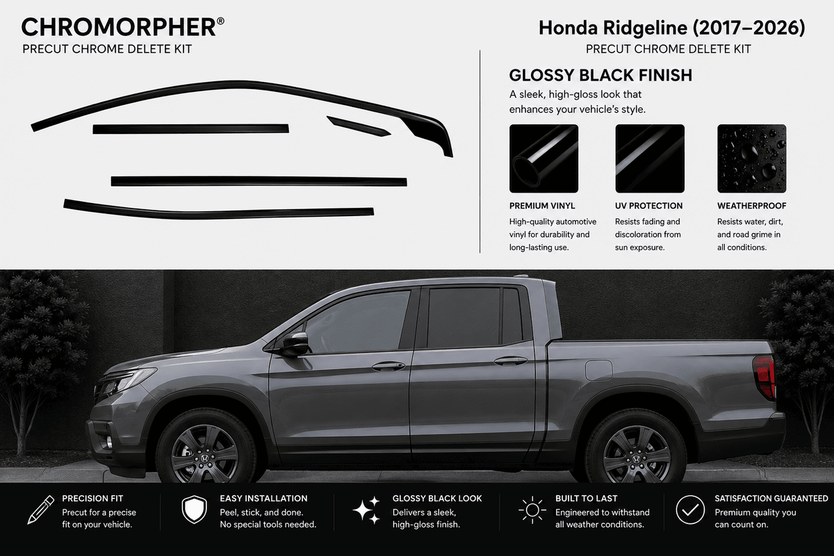 Chromorphor Honda Ridgeline (2017-2026) Precut Chrome Delete Kit graphic showing a gray pickup truck with black chrome trim removed, alongside product feature icons and installation benefits.