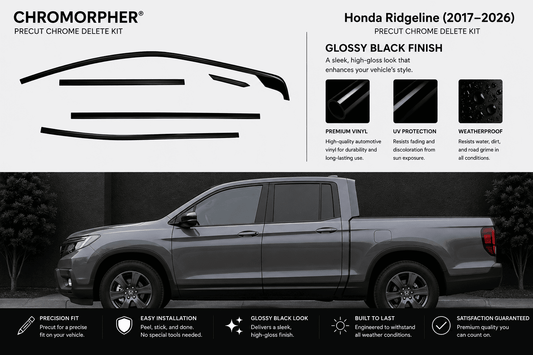 Chromorphor Honda Ridgeline (2017-2026) Precut Chrome Delete Kit graphic showing a gray pickup truck with black chrome trim removed, alongside product feature icons and installation benefits.