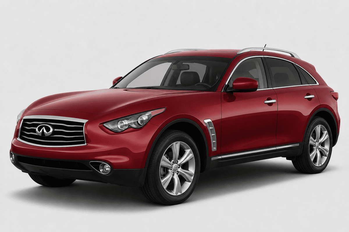 A red Infiniti FX50 SUV photographed at a three-quarter front angle against a light gray studio background.